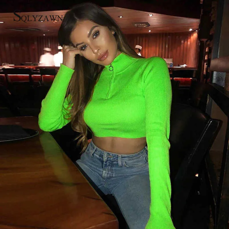 Kvinnors tröjor Neon Turtleneck långärmad tröja Crop Pullover Kvinnor Fall Streetwear Fluorescent Green Orange Pink Stripe Tops T221019