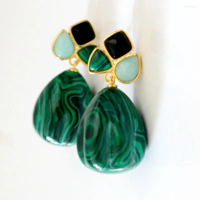 Boucles d'oreilles pendantes Agate noire Amazonite pierre précieuse naturelle perle de malachite verte 4 cm de long larme goutte 925 argent aiguille bijoux pour femmes