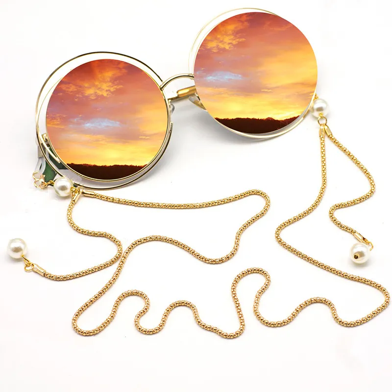 Moda Mujer Hollow O Beads Pedant Anteojos cadenas gafas de sol metal ligero color oro plata cordón gafas cuerda con anti-bucle para gafas máscara