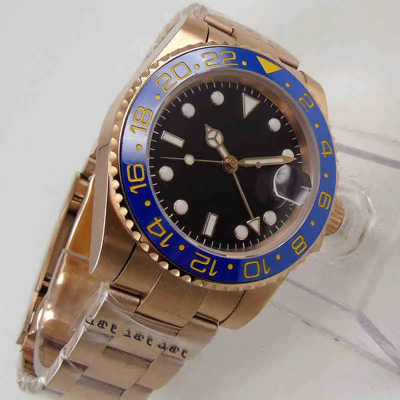 aaaaa ETA2836 Automatic machinery Luxury Automatic Men Watch Rose Gold Coated Wristwatch Sapphire Glass GMT Date Function Blue Ceramic Bezel