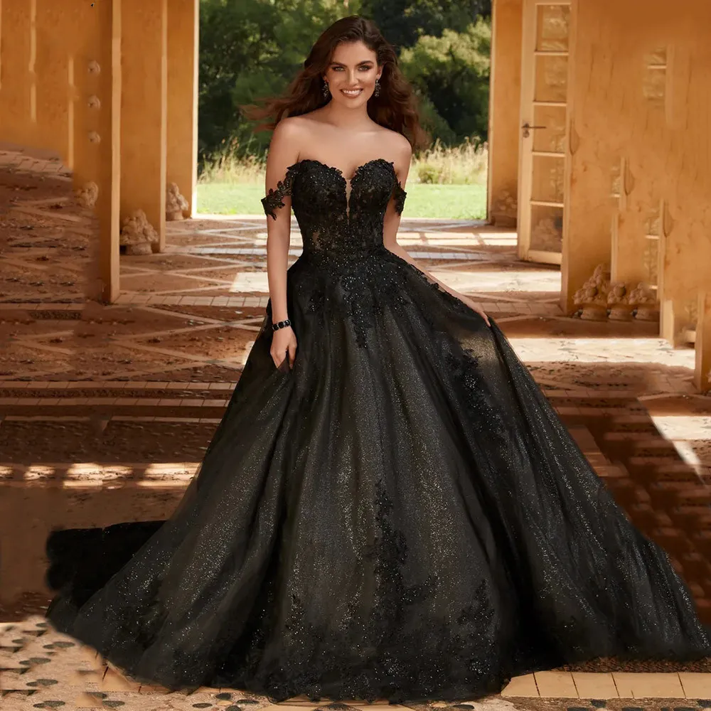 Noir A-ligne Robes De Mariée Gothique Robes De Mariée 2023 Dentelle Appliques De L'épaule Chérie Cou Paillettes Robe De Novia Vintage Glitter Longue Mariée Porter