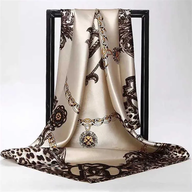 Scarves Leopard chain Printed Silk Satin Scarf Women Luxury Brand Dign Square Shawl Malaysia Head Hijab