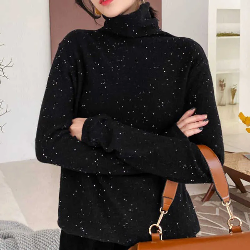 Dames truien Turtleneck Sequin Gedrukte trui damesvleegval herfst winter bodemhemd met lange mouwen all-match blouse slanke fit trui T221019