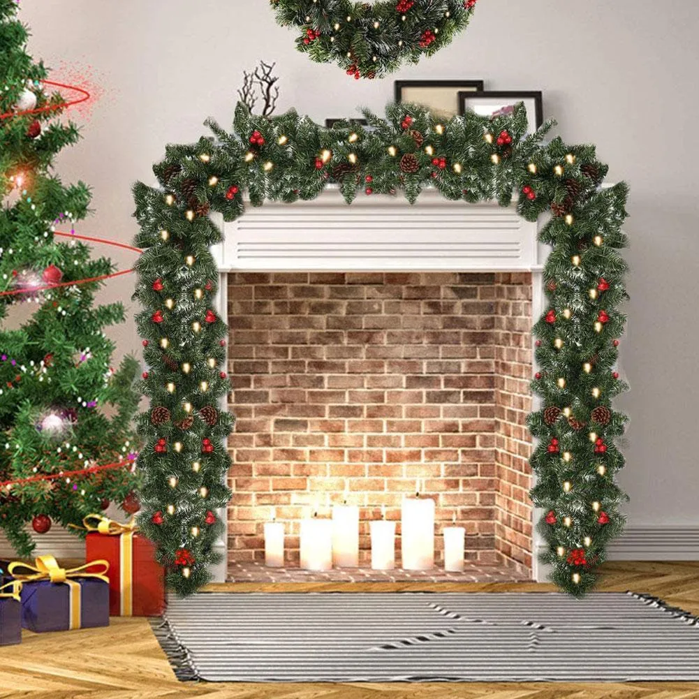 Décoration De Noël Artificielle - Swag Porte D'entrée 60 Cm Avec Baies, Fleurs, Boules Et Nœud - Pour Escalier, Fenêtre, étagère - 8