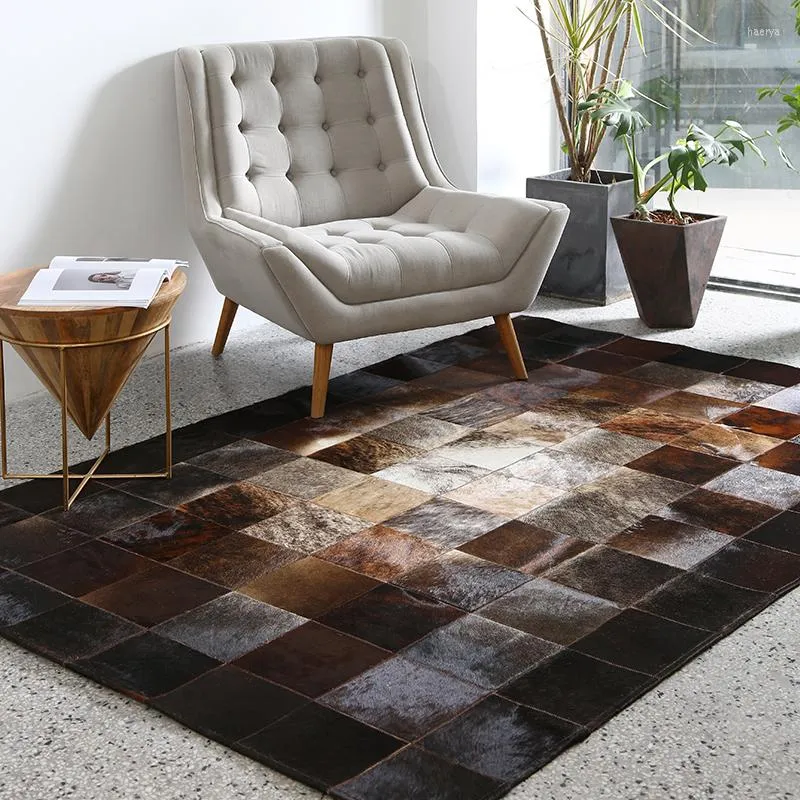 Carpets European Style Geometric Grid Living Room Bedroom Table Rugs Cowhide Manual Stitching Carpet Luxurious Large Rug