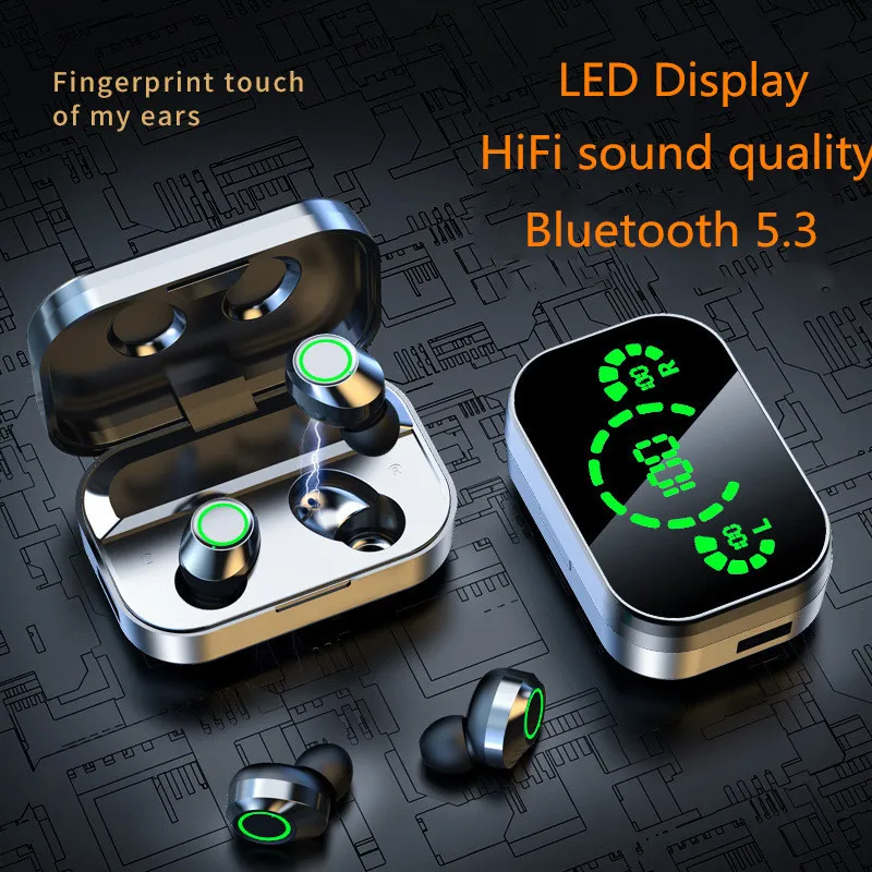 Trådlös Blutooth-hörlurar Touch Control LED Display In-Ear-hörlurar med mikrobrusreduktion för julklapp