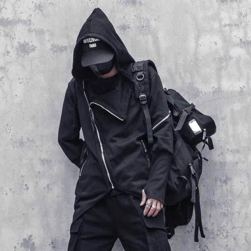 Herrtröjor Autumn Winter Hip Hop Techwear Lutande Zipper Hoodie Men Harajuku gotisk punk oregelbunden huvtröja