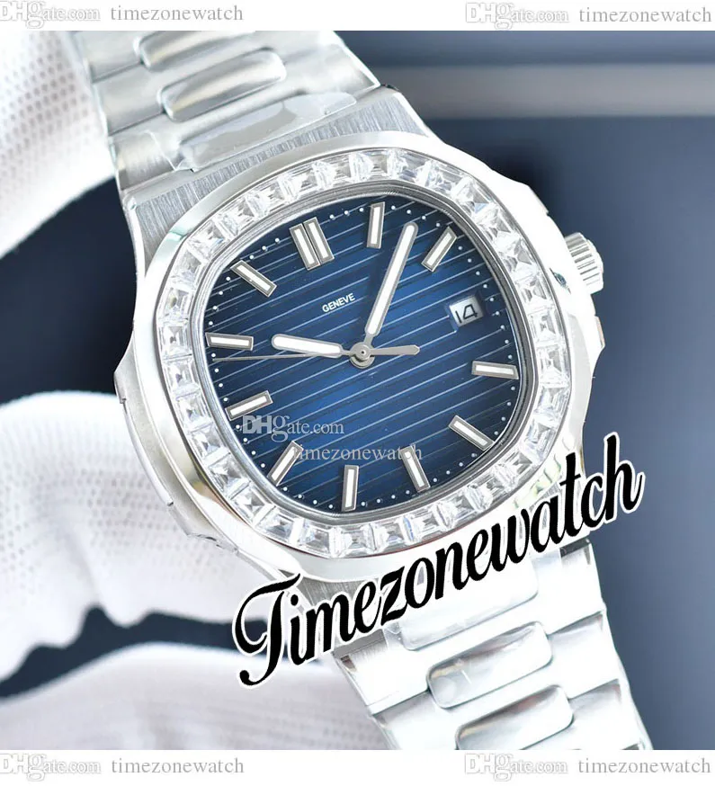 40mm 5711 5711/1300A-001 A2813 Relógio Masculino Automático 5711 D-Blue Textura Dial Pulseira de Aço Inoxidável Grande Moldura de Diamante Relógios Esportivos Timezonewatch E238B2
