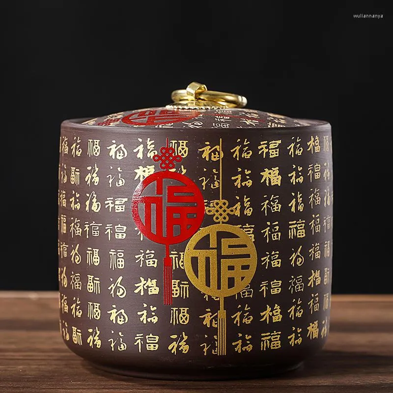 Bouteilles de stockage Pot en céramique Fu de style chinois, réservoir cylindrique scellé pour thé, café et bonbons avec couvercle plaqué or, résistant à l'humidité