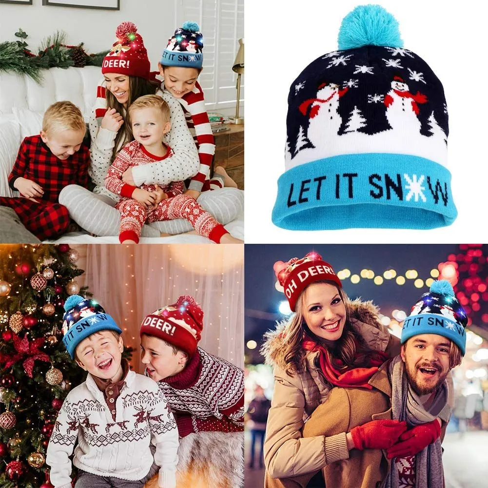 LED Knit Christmas Hats Beanie Light Up Illuminate Warm Hat For Kid Adults New Year Xmas Decoration Cap Wholesale