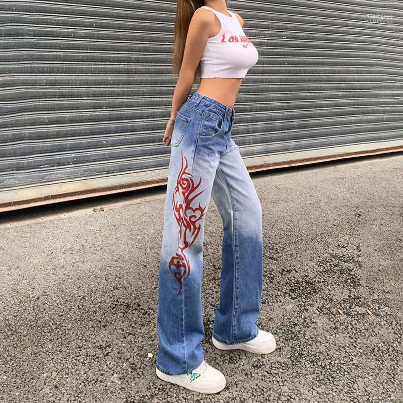 Jeans da donna Moda autunnale da donna Y2K Streetwear Denim Pattern Stampa Pantaloni dritti paralleli Pantaloni a vita alta per fidanzati della mamma