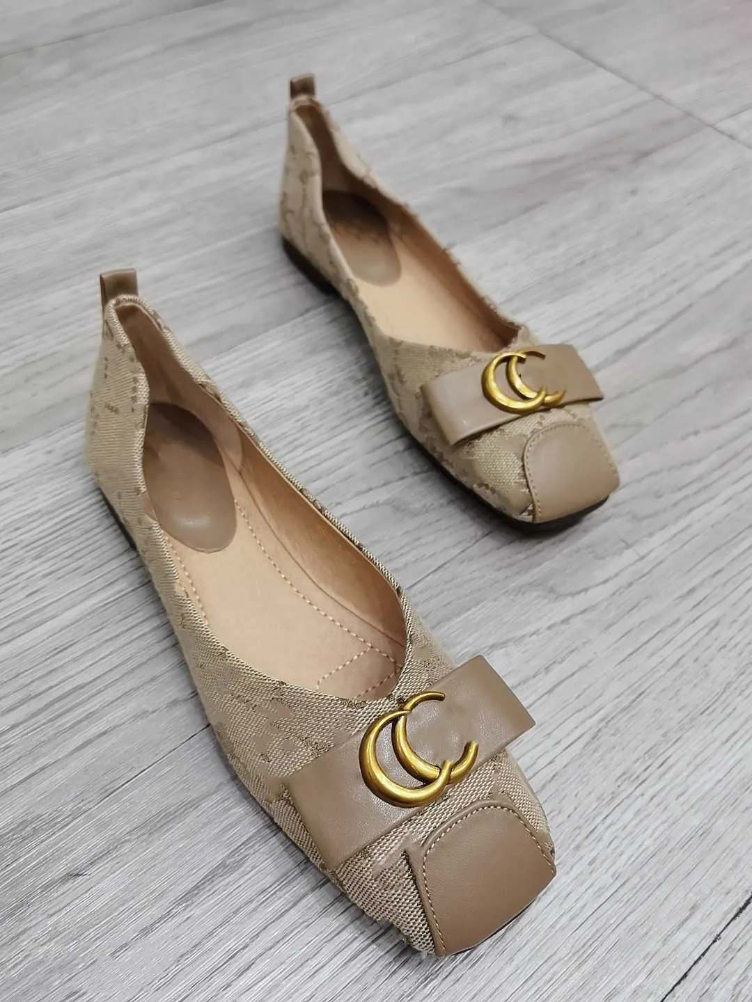 Womens Dress Ladies Shoes Fashion Brown Navy Khaki Luxury Designer Loafers Woman Ballet Flats Old Flower Boat Shoes Monograms Female Flats Size 35 41