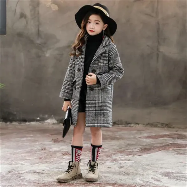 Girls Winter Coat Scay Woolen Stacket Fashion Blaid Wide Outerwear Autumn England Teenage Teenage for Girls GRAY GC1731