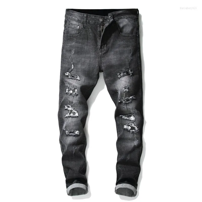 Jeans pour hommes déchiré hommes noir stretch slim fit en détresse streetwear denim pantalon patch décontracté rétro biker homme pantalon hiphop