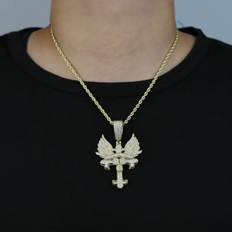New punk wing pendant necklace plated gold silver color for women men angle wings charm with rope chain cz tennis chains necklaces hip hop jewelry
