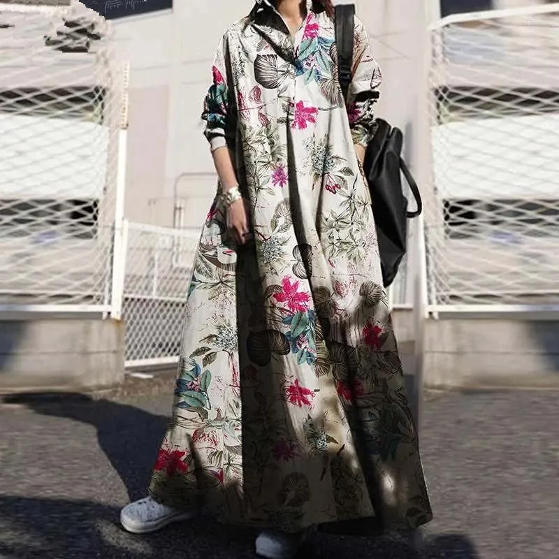 Casual Dresses Vintage Floral Print Shirt Dress Women Spring Autumn Turn Down Collar Long Sleeve Button Maxi Ladies Loose Vestidos