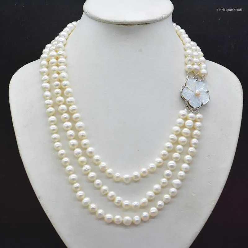 Girocollo 3 Piani. Collana di perle d'acqua dolce bianche/nere/rosa barocche naturali da 8 mm. I più classici gioielli per feste da donna 18-23"