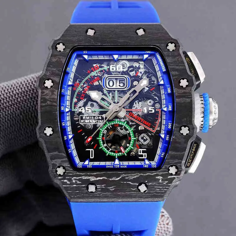 Luxe herenmonteurshorloge Zakelijk Vrije tijd Rm11-04 Automatisch mechanisch Zwart carbon solderen Blauwe tape Heren