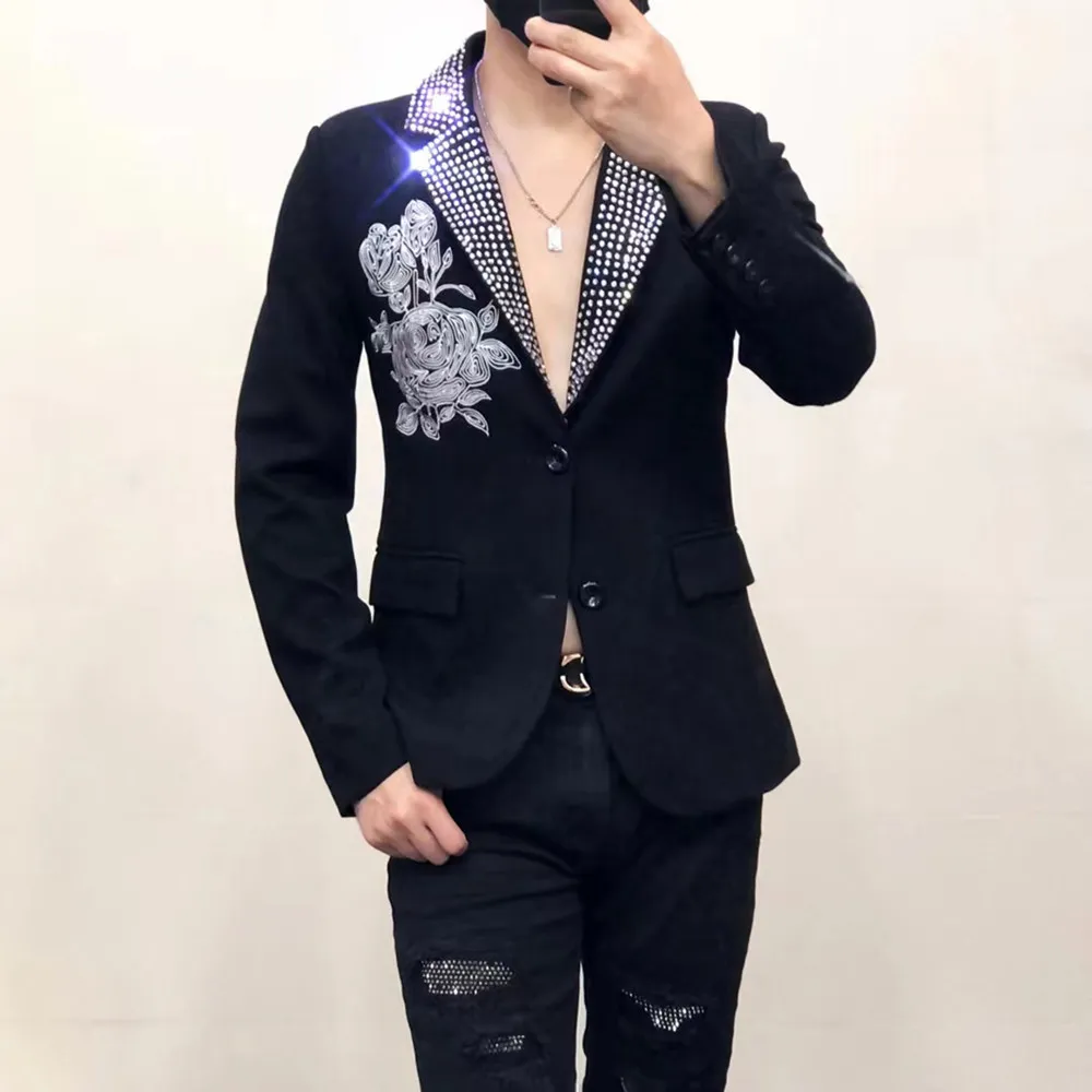 Red Rhinestones Rose Embroidery Blazer Coat Male Singer Host Bar Stage Concert Performance Suit Jackets Crystal Banquet Tuxedo