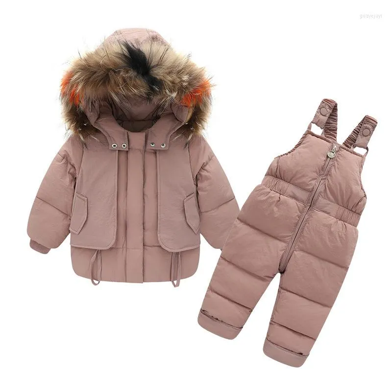 의류 세트 어린이의 다운 재킷 슈트 베이비 후드 더디 바지 바지 2 피스 소년 소녀의 겨울 흰 오리 따뜻한 옷 1-6y