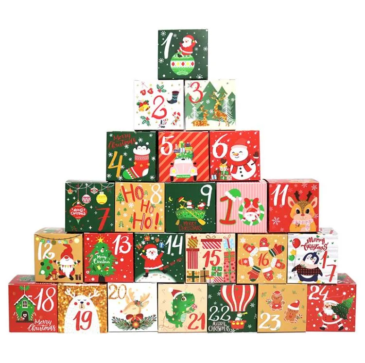 God jul adventskalenderboxar 24 dagar Kraft Paper Advent-Countdown Candy Gift-lådor för barn och familj gynnar SN4733