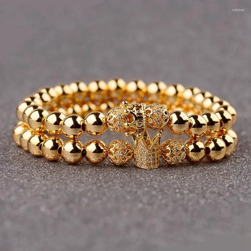 new fashion Strand 2022 Luxury White CZ Crown Bracelet Set Men 8mm Gold Color Hollow Out Flower Copper Beads Couple Pulseira top quality