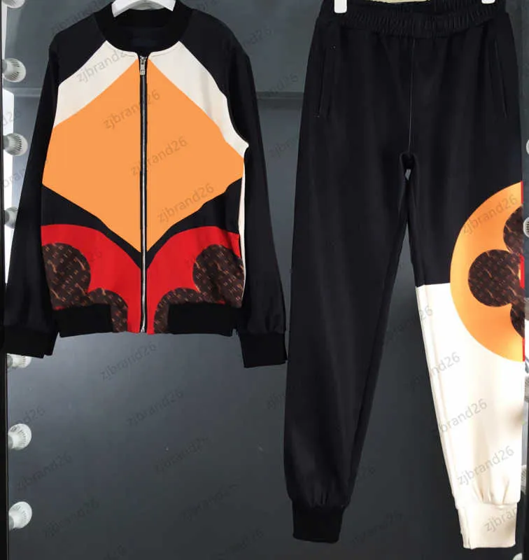 レディース2ピースパンツパッチワーク幾何学的なプリント長袖ジャケットトップコントラストカラーポケットデザインファッションデザイナー女性アパレル1970