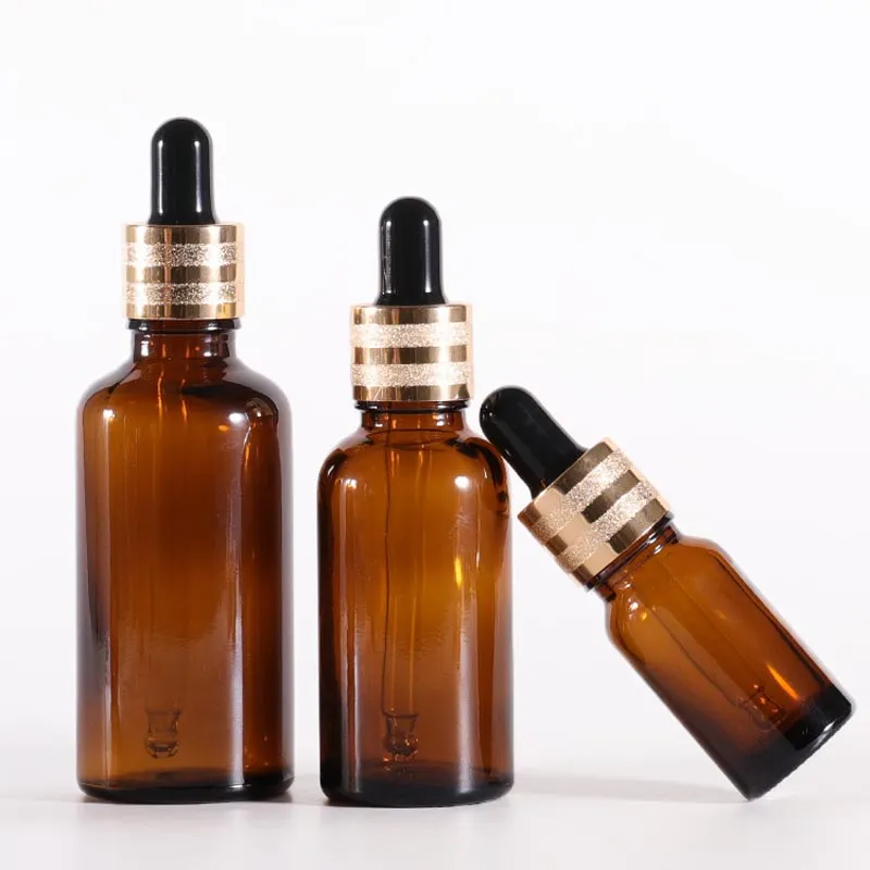Yeniden doldurulabilir cam damlalık şişesi 5ml-100ml essence Amber Aromaterapi E Yeni altın kapalı sıvı pipet şişeleri