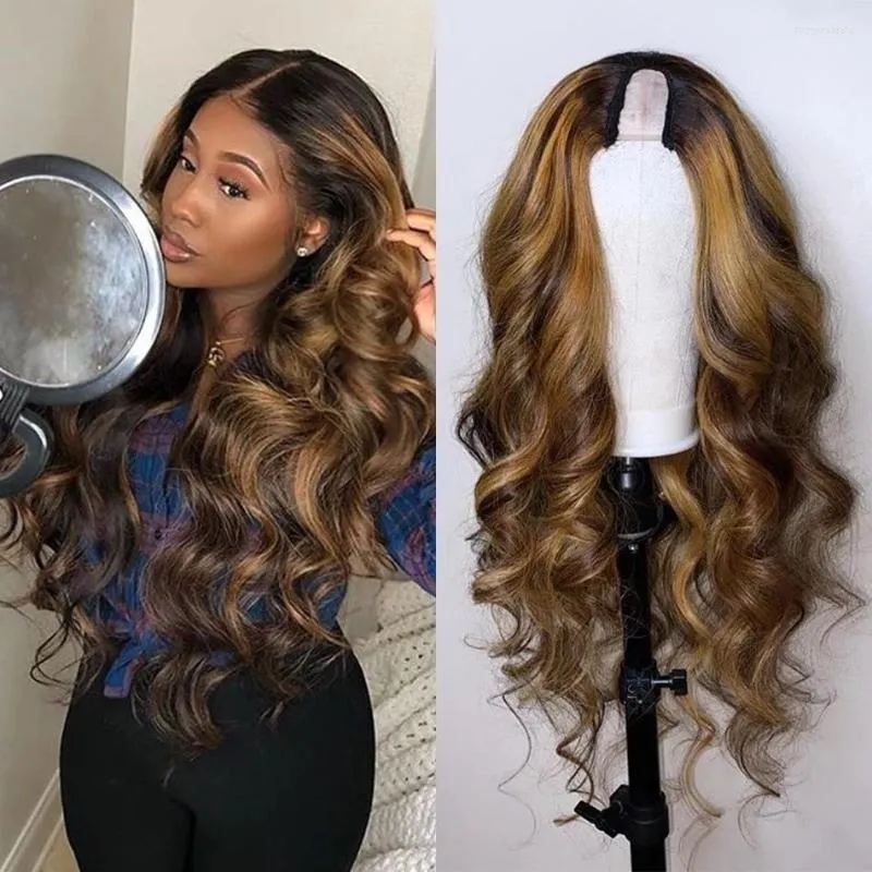 İnsan saçını vurgulayın u parça peruk 1x4 orta açılış Brezilya Remy vücut dalgası renk Uçuş Siyah kadınlar için 180 Yoğunluk