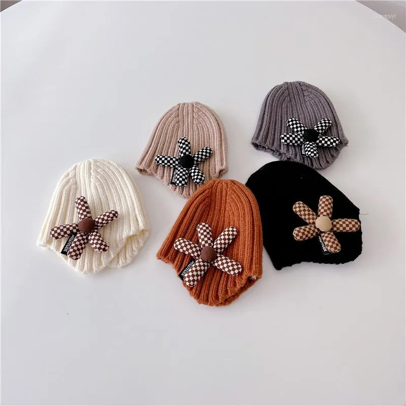 Hats 2022 Autumn And Winter Fashion Children's Knitted Hat Princess Ear Protection Baby Checkerboard Flower Catwalk 50-52cm