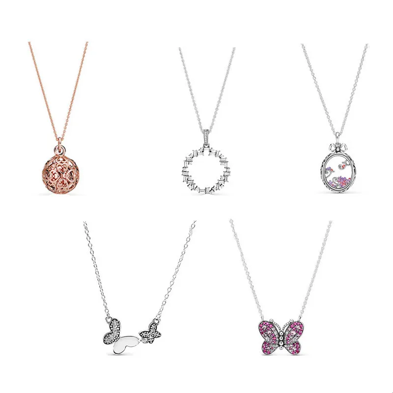 Collana con ciondolo fiore farfalla rosa argento Collana fai da te per colletto da coppia stile Pandora