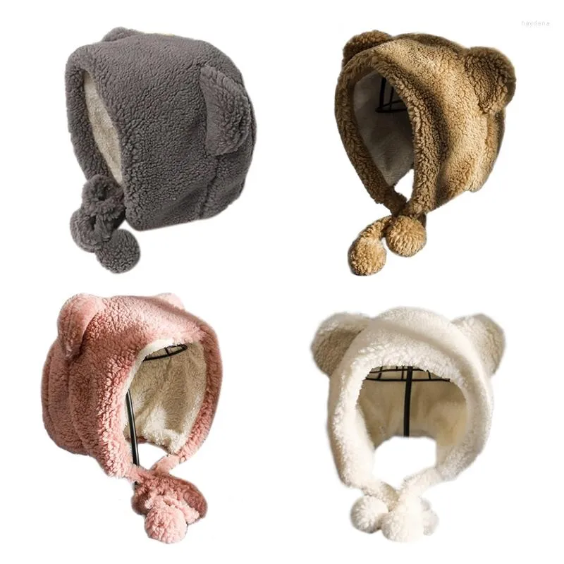 Beretten vrouwen winter dikker pluche oorhonden hoed schattige cartoonbeer oren pompom kinband buiten winddoor winddichte thermische beanies trapper cap