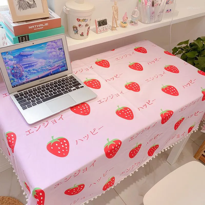 Table Cloth Japanese Korean Strawberry Print Tablecloth With Tassel Pink Covers Decorations Kawaii Anime Rectangular