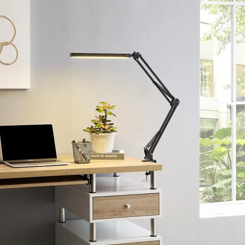 Bordslampor LED Folding Metal Desk Lamp Clip på Light Clamp Long Arm Dimning 3 Färger för vardagsrum Läsning och datorer