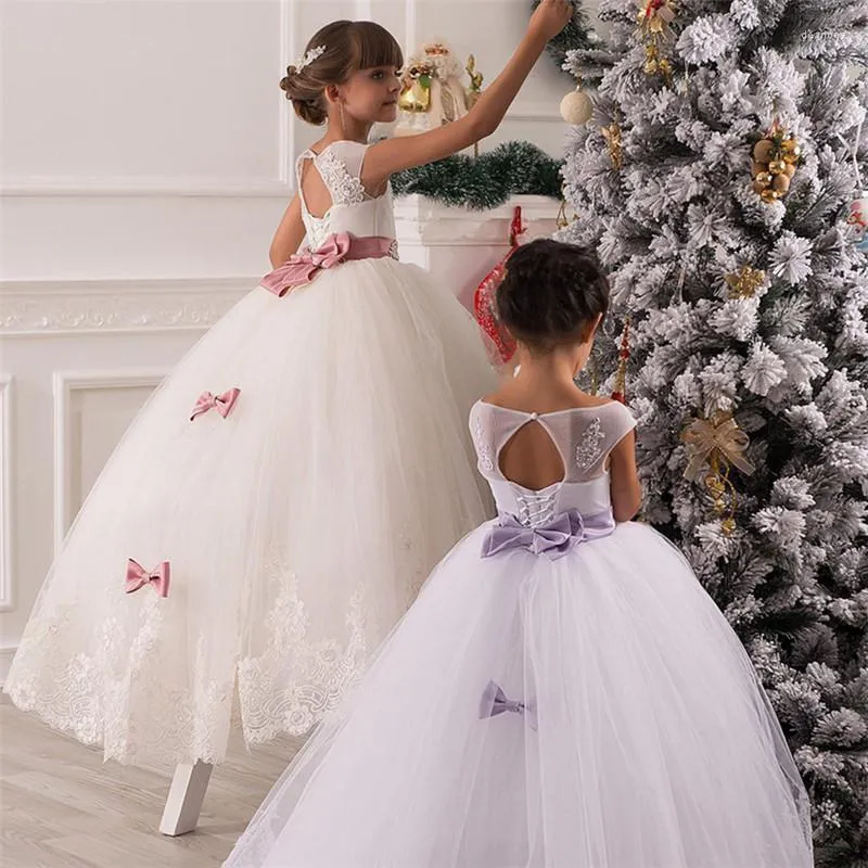 Vestidos de niña Princesa de encaje Flor 2022 Vestido de fiesta Primera comunión para niñas Sin mangas Tul Desfile de niños pequeños