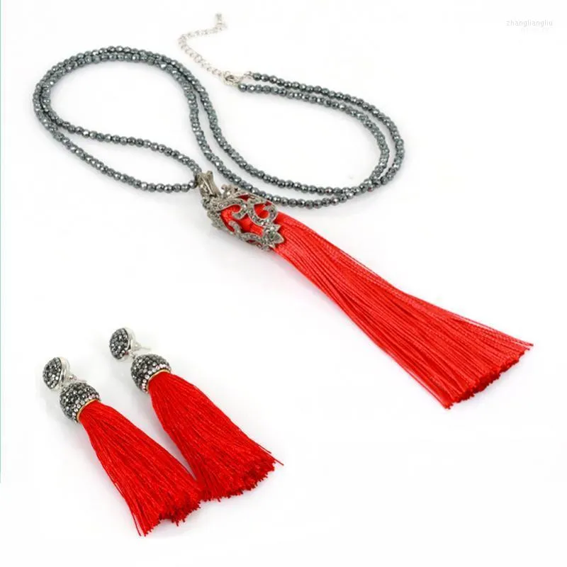 Collier Boucles D'oreilles Ensemble 2022 Bohême Boho Rouge Soie Gland Avec Goujons Boucle D'oreille Et Hématite Perle Chaîne Long Pendentif Bijoux Pour Femmes