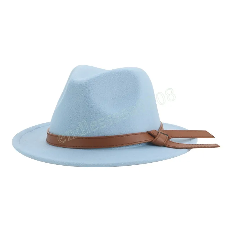 Fedoras casquettes pour femmes hommes couleur unie Fedora chapeaux luxe décontracté large bord chapeau avec ceinture en cuir Sombreros De Mujer