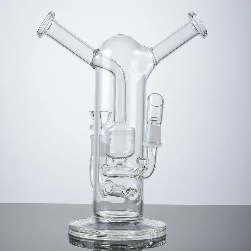 Inline Perc Narghilè Double Sidecar Neck Bong in vetro Paraspruzzi Sia per erbe che per concentrati Tubi per acqua Giunto 14,5 mm WP2285