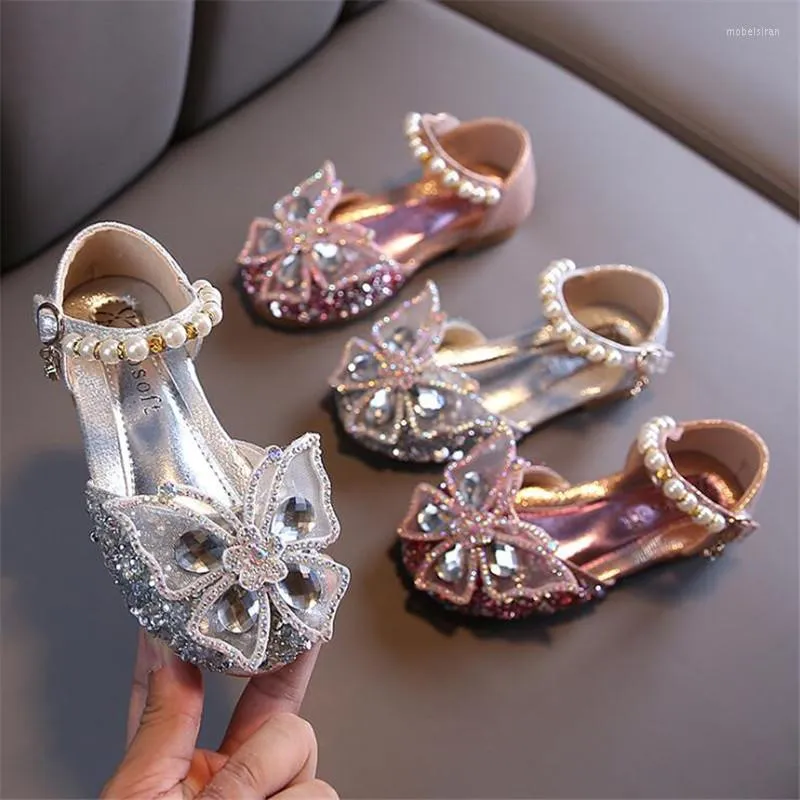 Zapatos planos para niñas, lazo de encaje con lentejuelas, bonito zapato informal de baile de princesa con perlas, fiesta infantil, boda, 2022