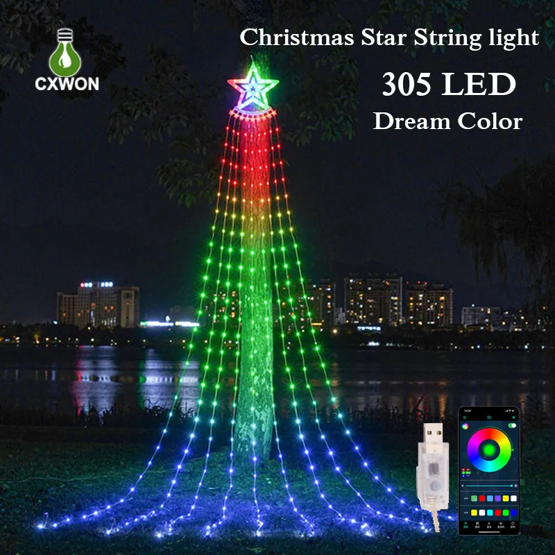 Luzes de corda de cachoeira 305 LED LUZES DE APP BLUETOOTH PIXEL LIGHT FULHO FULHO DOAS DE GRAVAS PEDIMENTO COM ALTUMENTO COM TOPPER STAR para decoração de festa de férias