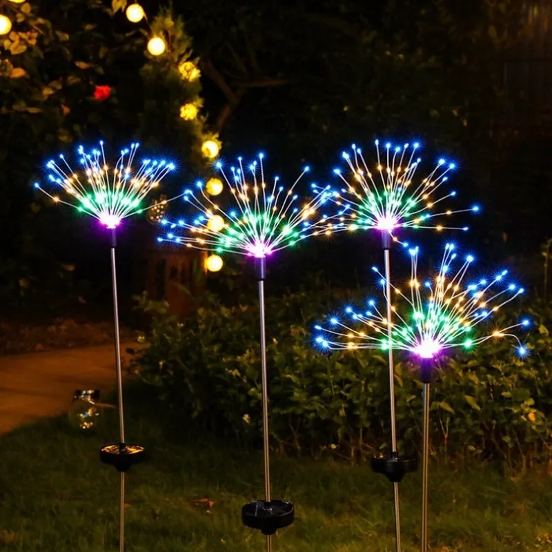 LED Solar Fireworks Lights Waterproof Outdoor Dandelion Diy Shape Lamp Flash String Fairy Lights For Garden Landscape Lawn Decor