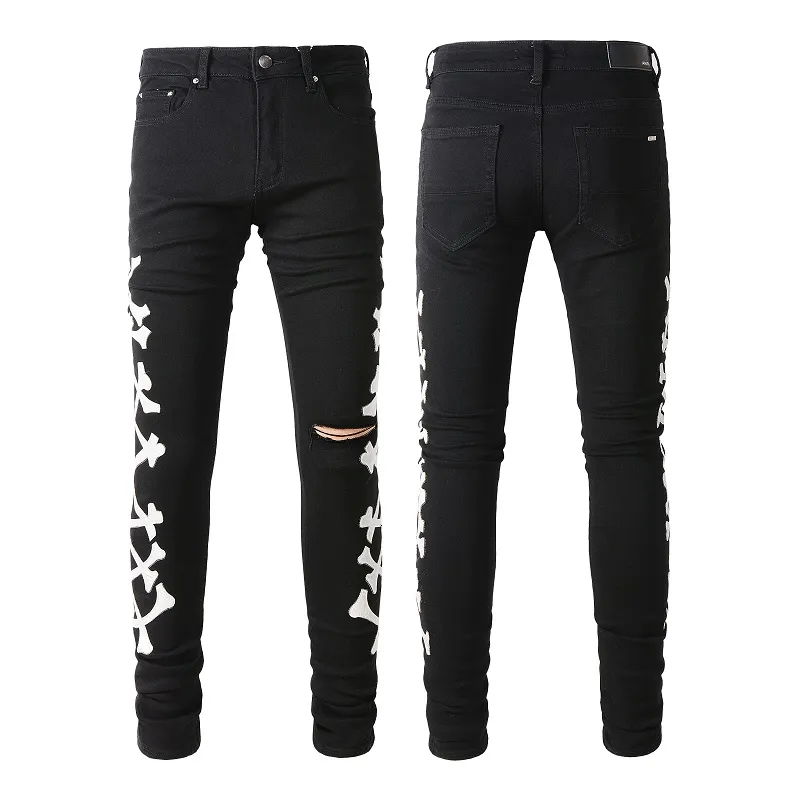 Jeans skinny preto de grife para homens calças masculinas rip jeans biker cinza pintura distress pant bordada ajuste fino estiramento motocicleta osso halloween 20ss hip hop reto