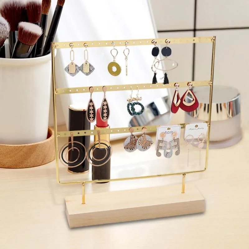 Sieradenzakken oorbellen Organisator 3 lagen met gaten display houten basis metalen standaard hangende oorstoprek voor meisjes