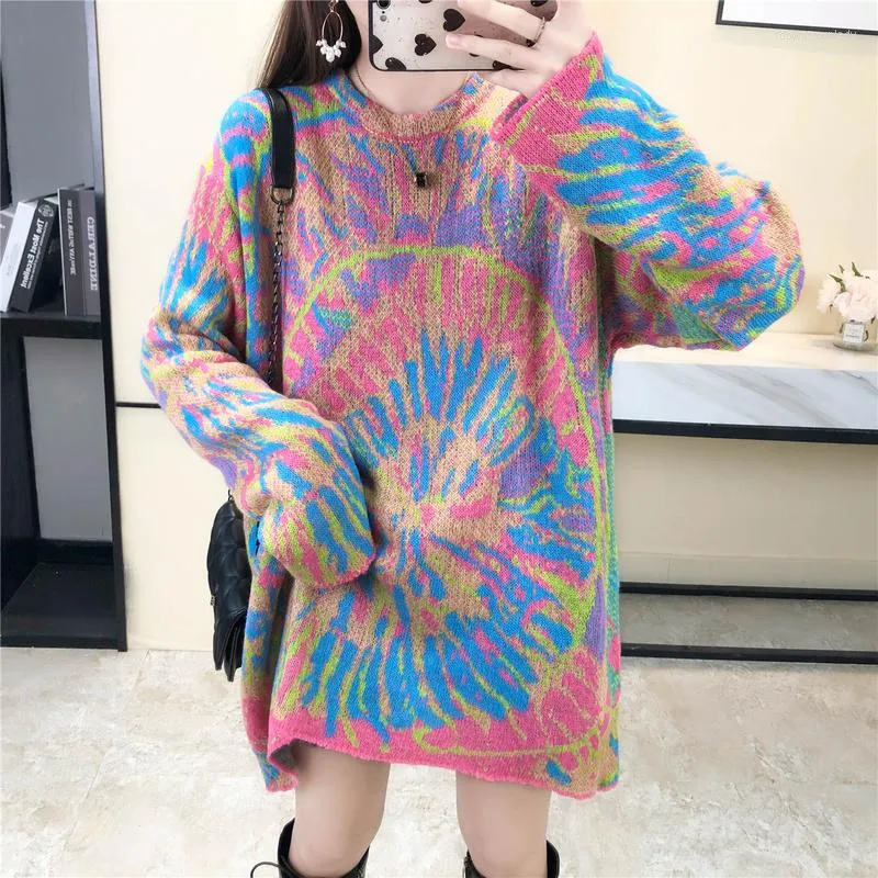 Kvinnors tröjor Kvinnor Lossa tröjan Korea Chic 2022 Autumn Winter O-Neck Pullover Jacquard Design Casual mångsidig Midi Knit