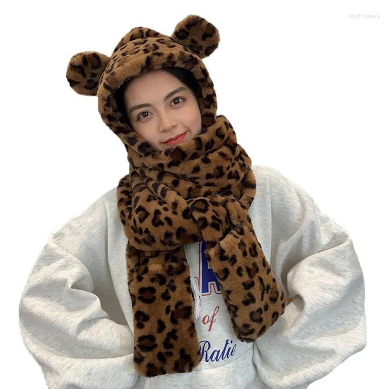 Berets Women Faux Fur Warm Leopard Tiger Skin Pattern Scarves For Winter Hood Scarf Hat Glove Set Ladies Girls