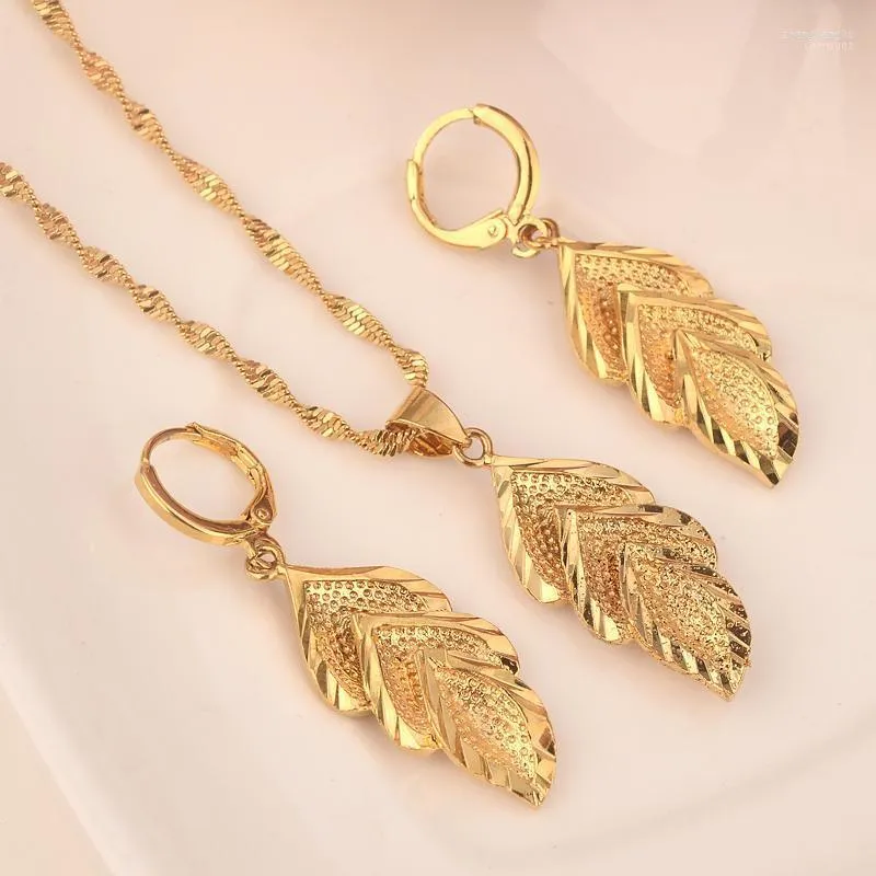 Necklace Earrings Set & 22k Gold Plated Leaf For Women Party Gift Engagement Wedding Bridal DIY Charms Girls