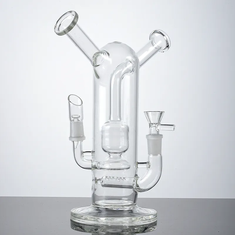 Auf Lager Einzigartige Wasserpfeifen Doppelglas-Bongs Spritzschutz 9-Zoll-Inline-Perc-Bong-Seitenwagen-Hals-Wasserpfeifen Dab-Rigs mit 14-mm-Stecker- und Buchsengelenk