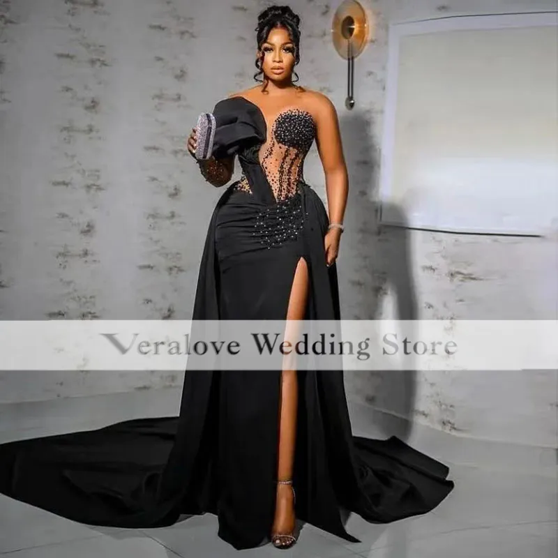 Lace Black Long-Sleeve Evening Dress With Leg Slit, Lace Black Prom Dr –  morievent