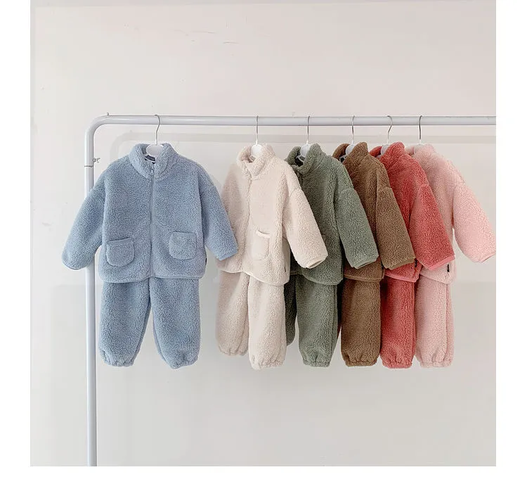 Solid Color Fleece Warm Kids Baby Clothes Sets 2pcs Long Sleeve Zipper Coat Pants New Spring Autumn Boys Girls Suits