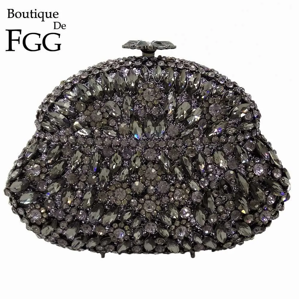 Kopplingar Evening Boutique de FGG Wine Pot Grey Crystal Women Metal Hard Case Wedding Party Diamond Minaudiere Handväska Purse 221021